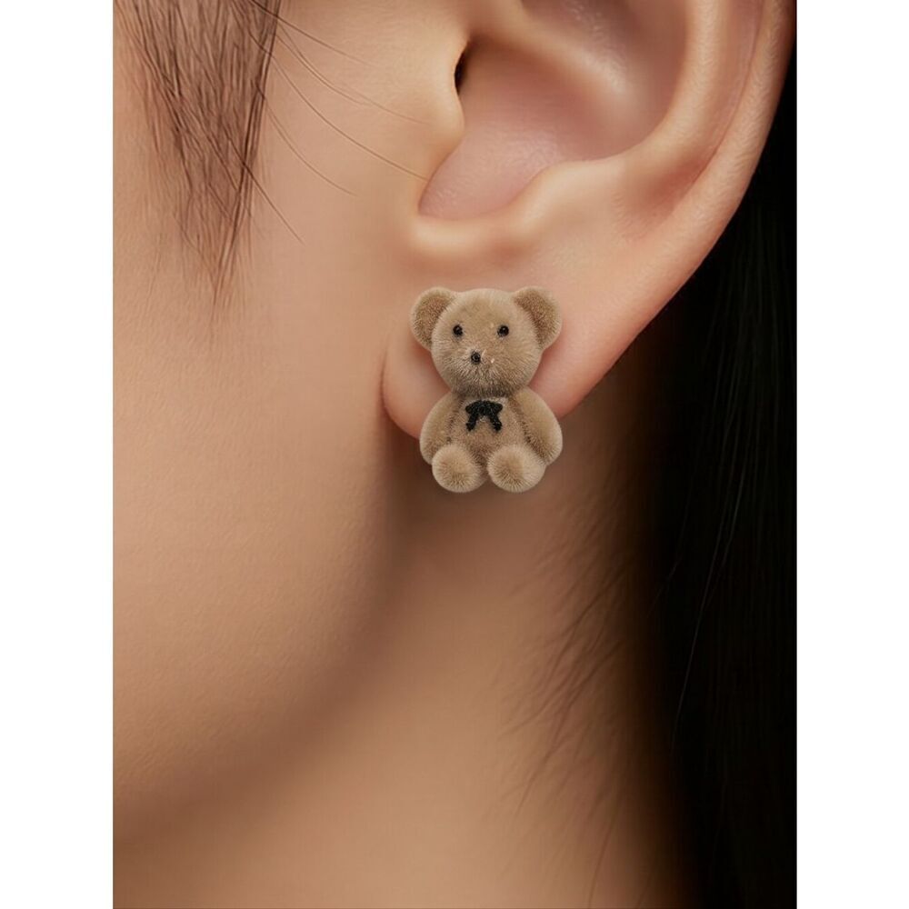 Teddy Bear Earrings Fuzzy Tan Flocked Stud Post Adorable Pierced Jewelry Gift